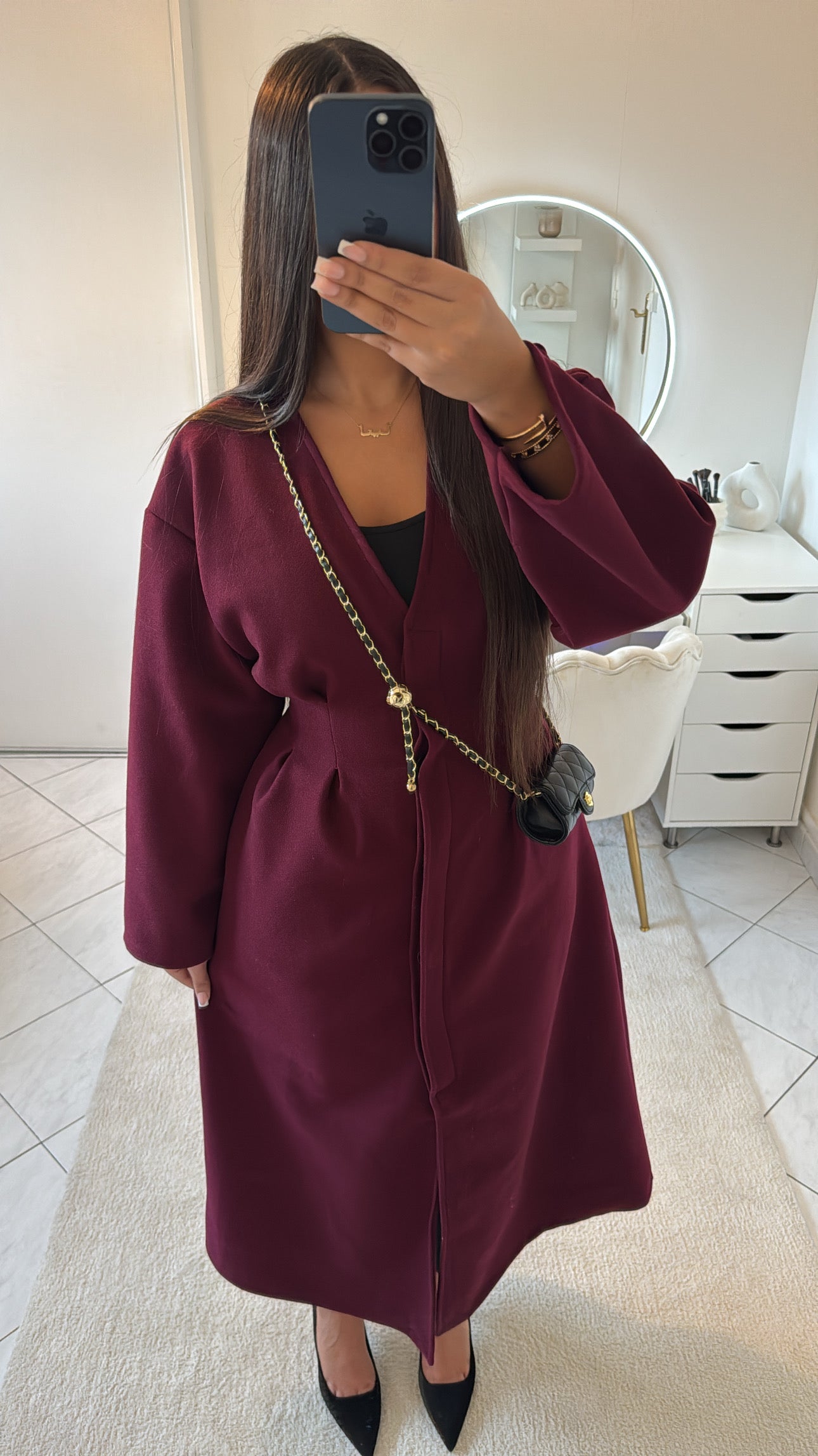 Manteau long cintré bordeaux